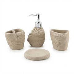 4-Piece Stone-Effect Ceramic Bathroom Accessories Set – Beige | Soap Dispenser, Soap Dish, Toothbrush Holder & Tumbler