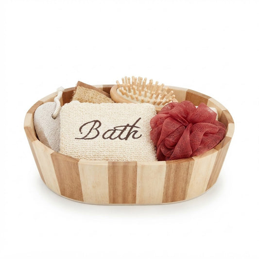 Oak Spa Basket with Bath Accessories | Wooden Bathroom Organizer & Spa Gift Basket