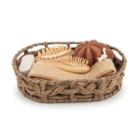 Brown Woven Spa Basket with Bath Accessories | Decorative Bathroom Organizer & Spa Gift Set