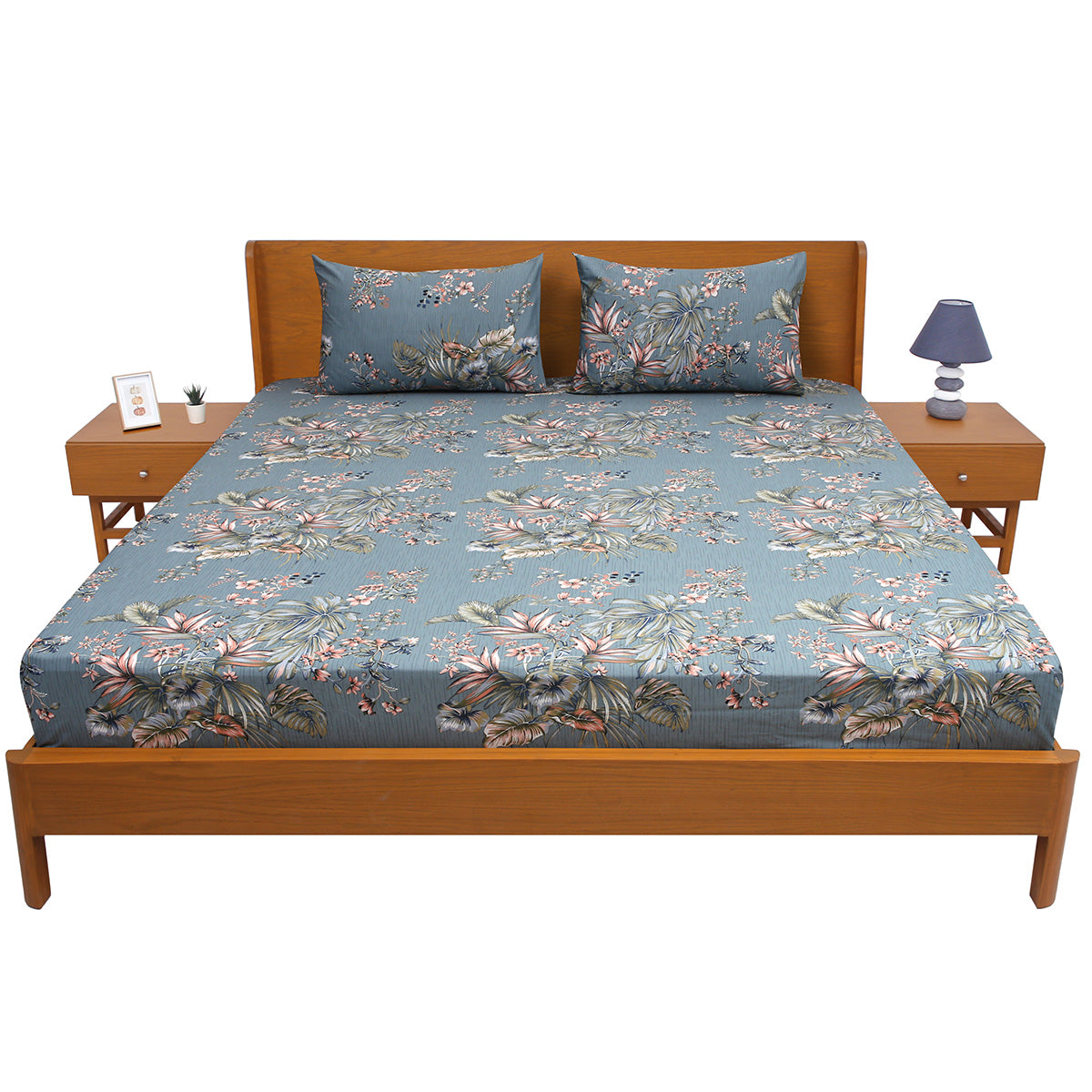 Premium Cotton Floral Jaal Double Bed Sheet (90x100) with 2 Pillow Covers – Teal Blue Tropical Print - Habitt