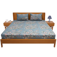 Premium Cotton Floral Jaal Double Bed Sheet (90x100) with 2 Pillow Covers – Teal Blue Tropical Print - Habitt