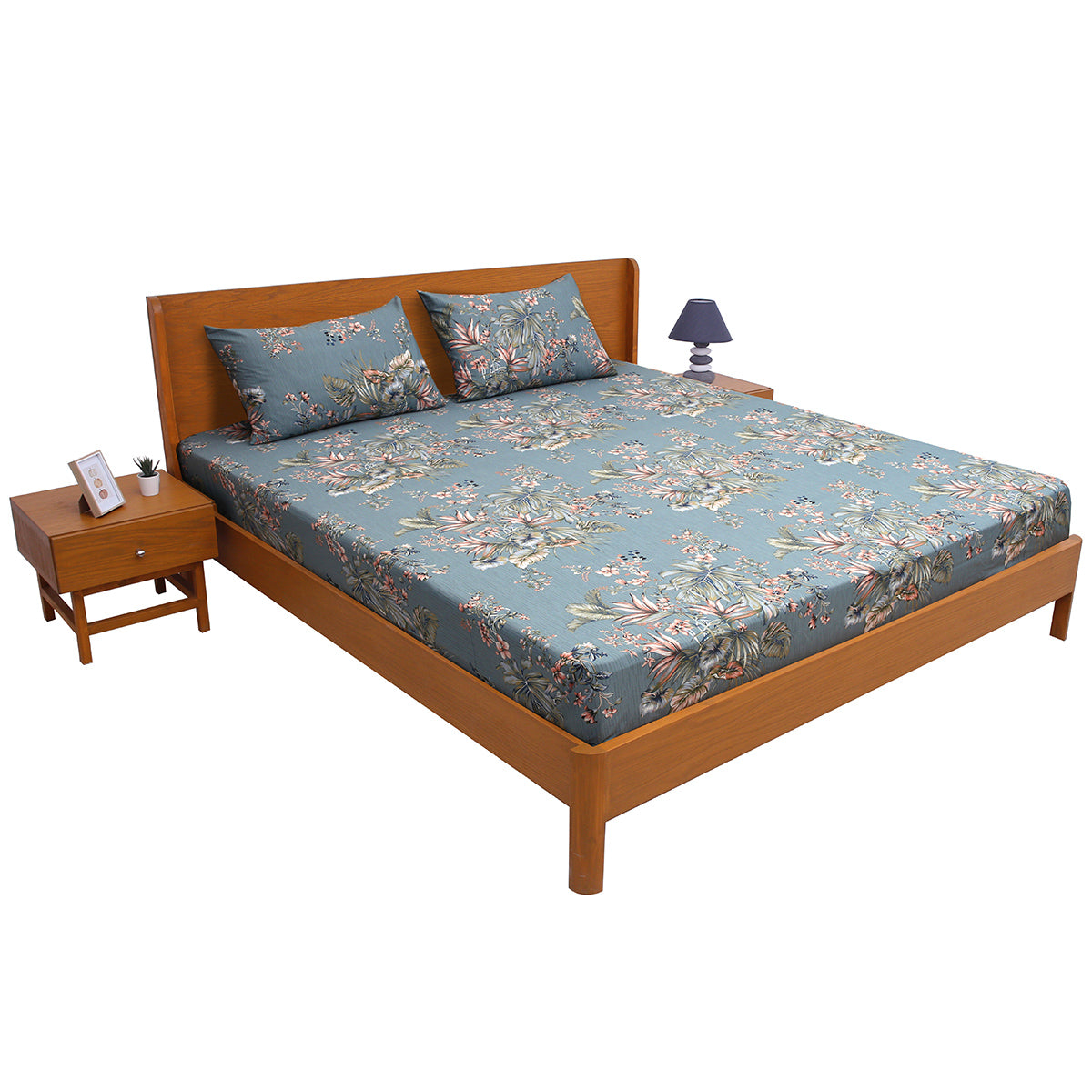 Premium Cotton Floral Jaal Double Bed Sheet (90x100) with 2 Pillow Covers – Teal Blue Tropical Print - Habitt