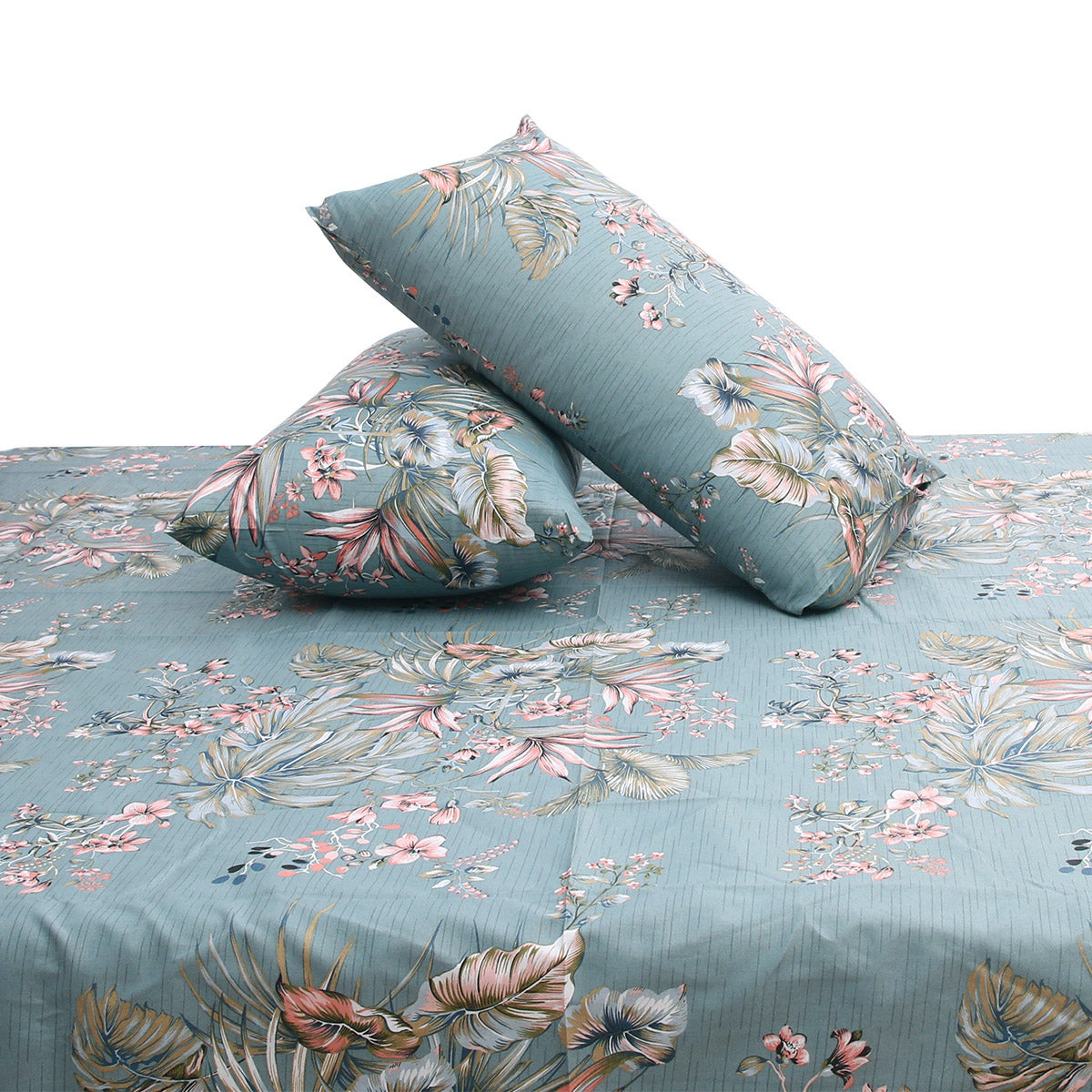 Premium Cotton Floral Jaal Double Bed Sheet (90x100) with 2 Pillow Covers – Teal Blue Tropical Print - Habitt