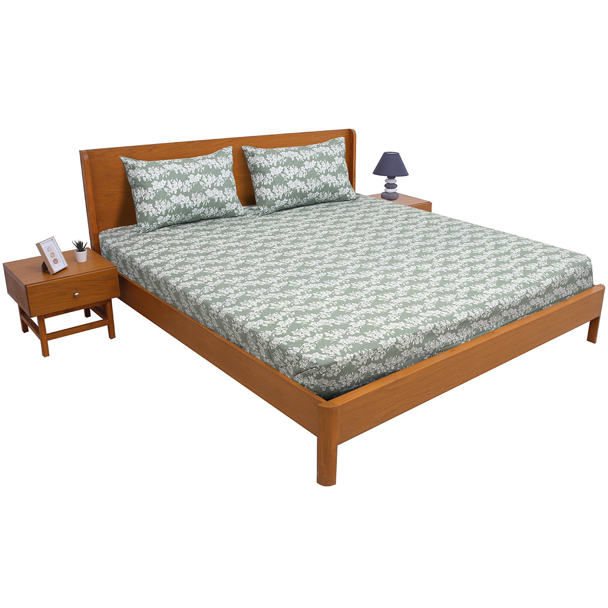 Elegant White Floral Double Bed Sheet (90x100) with 2 Pillow Covers – Soft Sage Green Cotton Print - Habitt