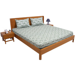 Elegant White Floral Double Bed Sheet (90x100) with 2 Pillow Covers – Soft Sage Green Cotton Print - Habitt