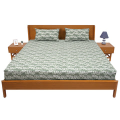 Elegant White Floral Double Bed Sheet (90x100) with 2 Pillow Covers – Soft Sage Green Cotton Print - Habitt