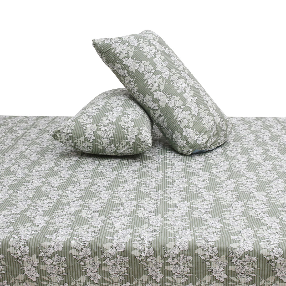 Elegant White Floral Double Bed Sheet (90x100) with 2 Pillow Covers – Soft Sage Green Cotton Print - Habitt