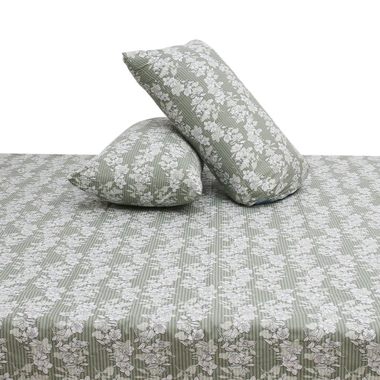 Elegant White Floral Double Bed Sheet (90x100) with 2 Pillow Covers – Soft Sage Green Cotton Print - Habitt
