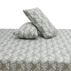 Elegant White Floral Double Bed Sheet (90x100) with 2 Pillow Covers – Soft Sage Green Cotton Print - Habitt
