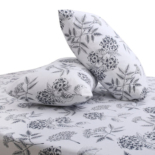 White & Black Gardenia Double Bed Sheet – 90x100 Inches with 2 Pillow Covers - Habitt