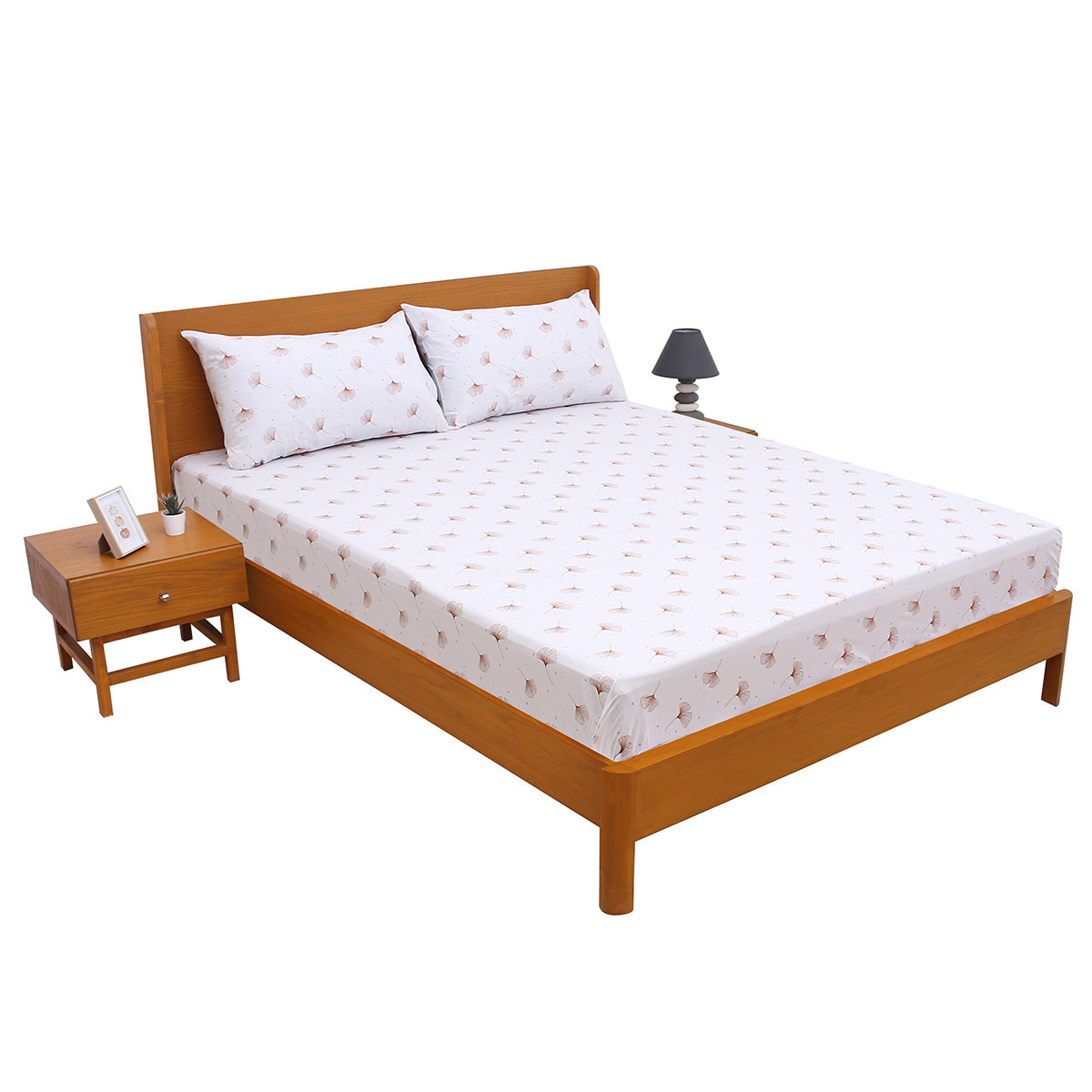 Ginkgo Leaf Double Bed Sheet 90x100 – Soft Cotton with 2 Pillow Covers - Habitt