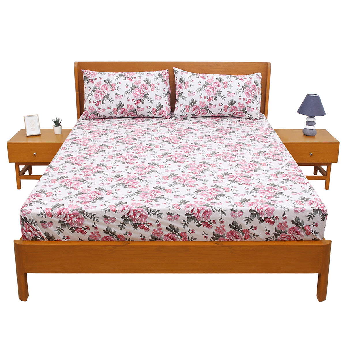 Pink Floral Printed Double Bed Sheet with Pillow Covers (90x100") – Design E - Habitt