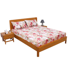 Multi Patterns Double Bed Sheet (96x102) with 2 Pillow Covers – 100% Cotton Percale Floral Print in Red & Beige - Habitt