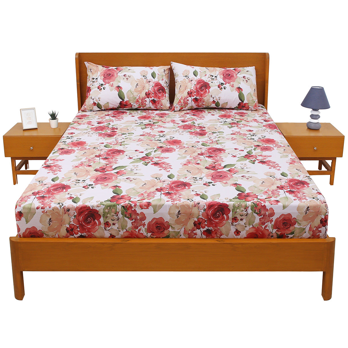 Multi Patterns Double Bed Sheet (96x102) with 2 Pillow Covers – 100% Cotton Percale Floral Print in Red & Beige - Habitt