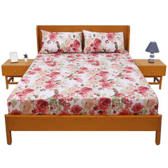 Multi Patterns Double Bed Sheet (96x102) with 2 Pillow Covers – 100% Cotton Percale Floral Print in Red & Beige - Habitt