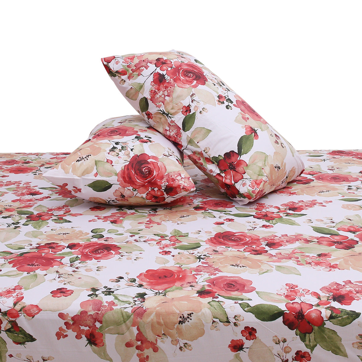 Multi Patterns Double Bed Sheet (96x102) with 2 Pillow Covers – 100% Cotton Percale Floral Print in Red & Beige - Habitt