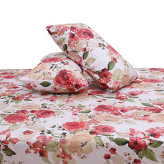 Multi Patterns Double Bed Sheet (96x102) with 2 Pillow Covers – 100% Cotton Percale Floral Print in Red & Beige - Habitt