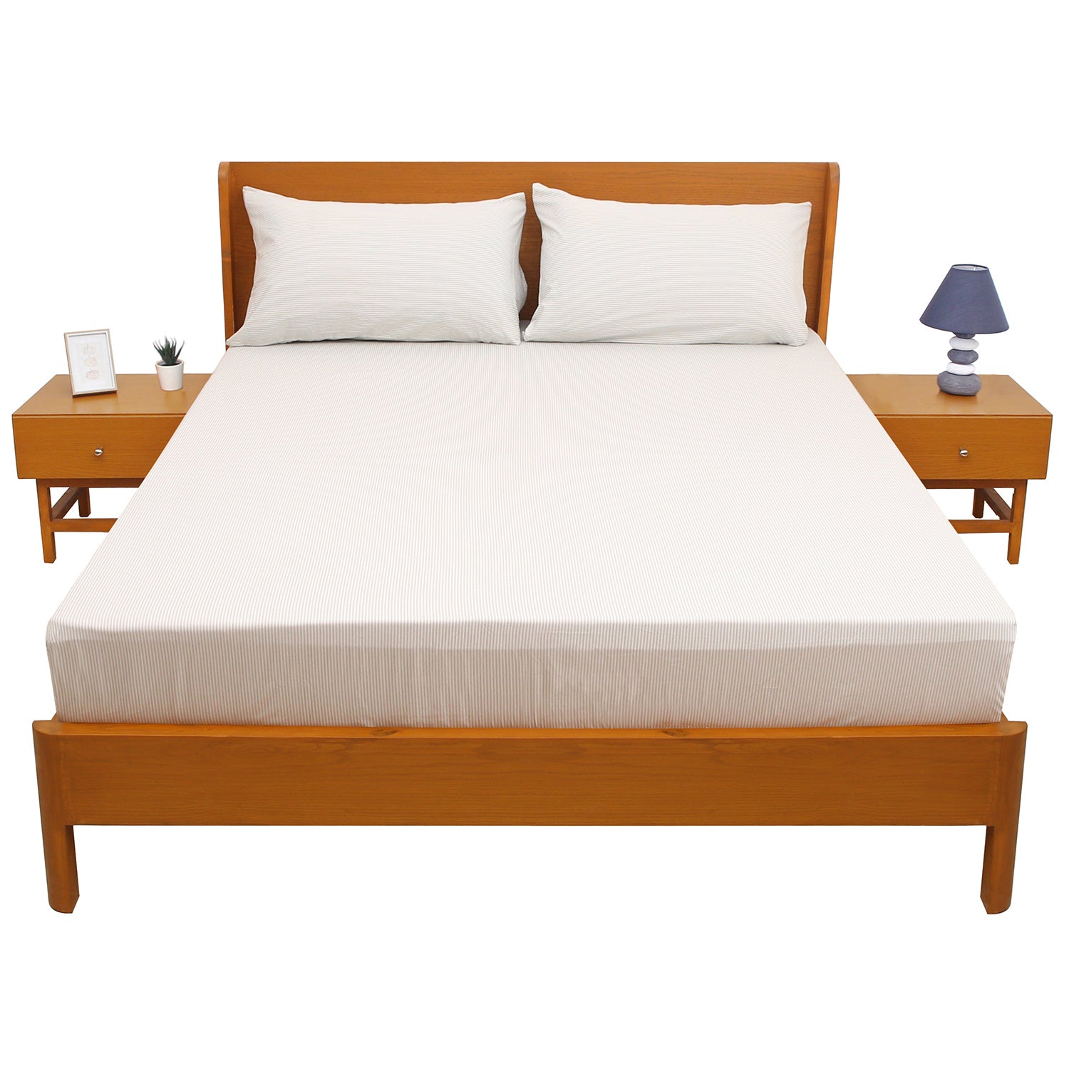 Green Lines Double Bed Sheet 96″ × 102″ – Elegant Linen with Subtle Green Stripe Accent - Habitt