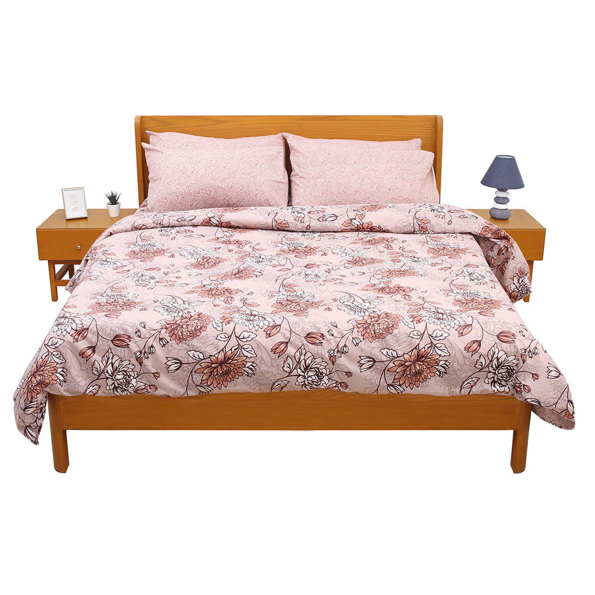 Beige Floral Double Bedding Set – 6 Piece Soft Cotton Elegant Printed Bed Linen Collection - Habitt