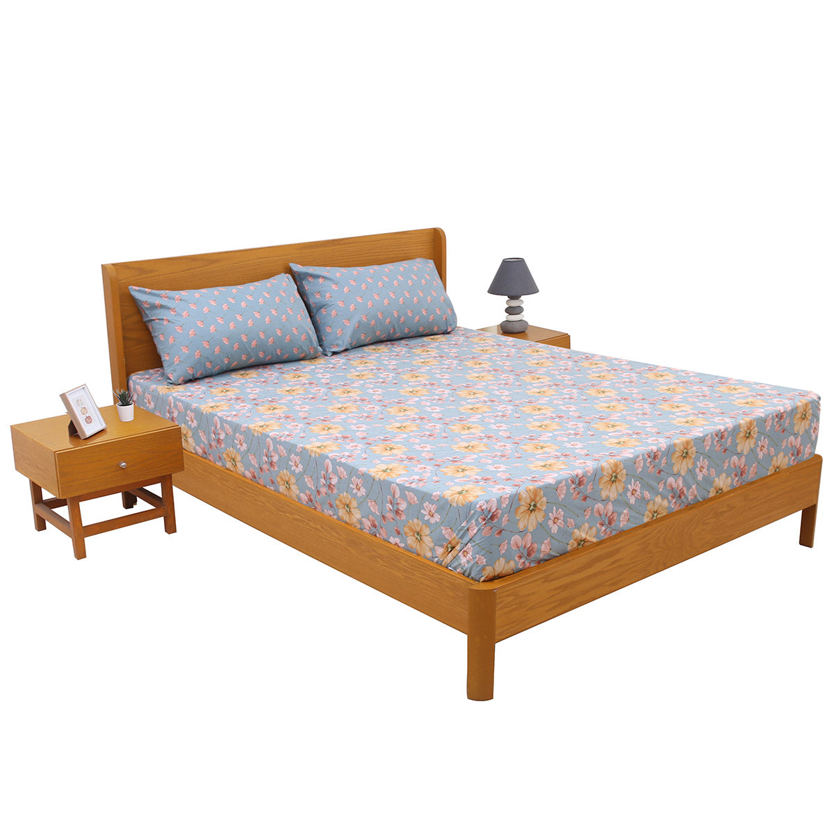 Blue Meadows Double Bed Sheet Set | Soft Floral Printed Bedding | 94x98 Inches - Habitt