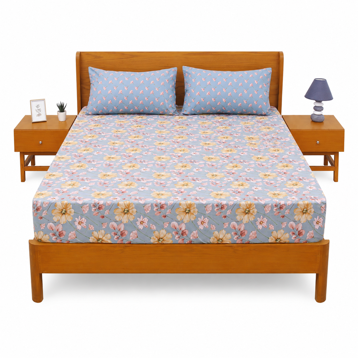 Blue Meadows Double Bed Sheet Set | Soft Floral Printed Bedding | 94x98 Inches - Habitt