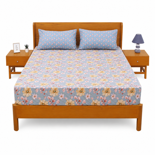 Blue Meadows Double Bed Sheet Set | Soft Floral Printed Bedding | 94x98 Inches - Habitt