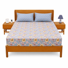 Blue Meadows Double Bed Sheet Set | Soft Floral Printed Bedding | 94x98 Inches - Habitt