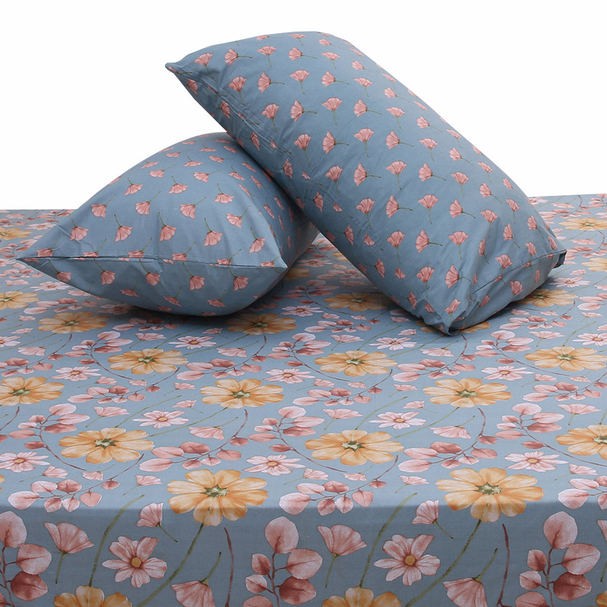 Blue Meadows Double Bed Sheet Set | Soft Floral Printed Bedding | 94x98 Inches - Habitt