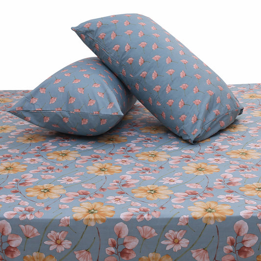 Blue Meadows Double Bed Sheet Set | Soft Floral Printed Bedding | 94x98 Inches - Habitt