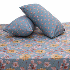 Blue Meadows Double Bed Sheet Set | Soft Floral Printed Bedding | 94x98 Inches - Habitt