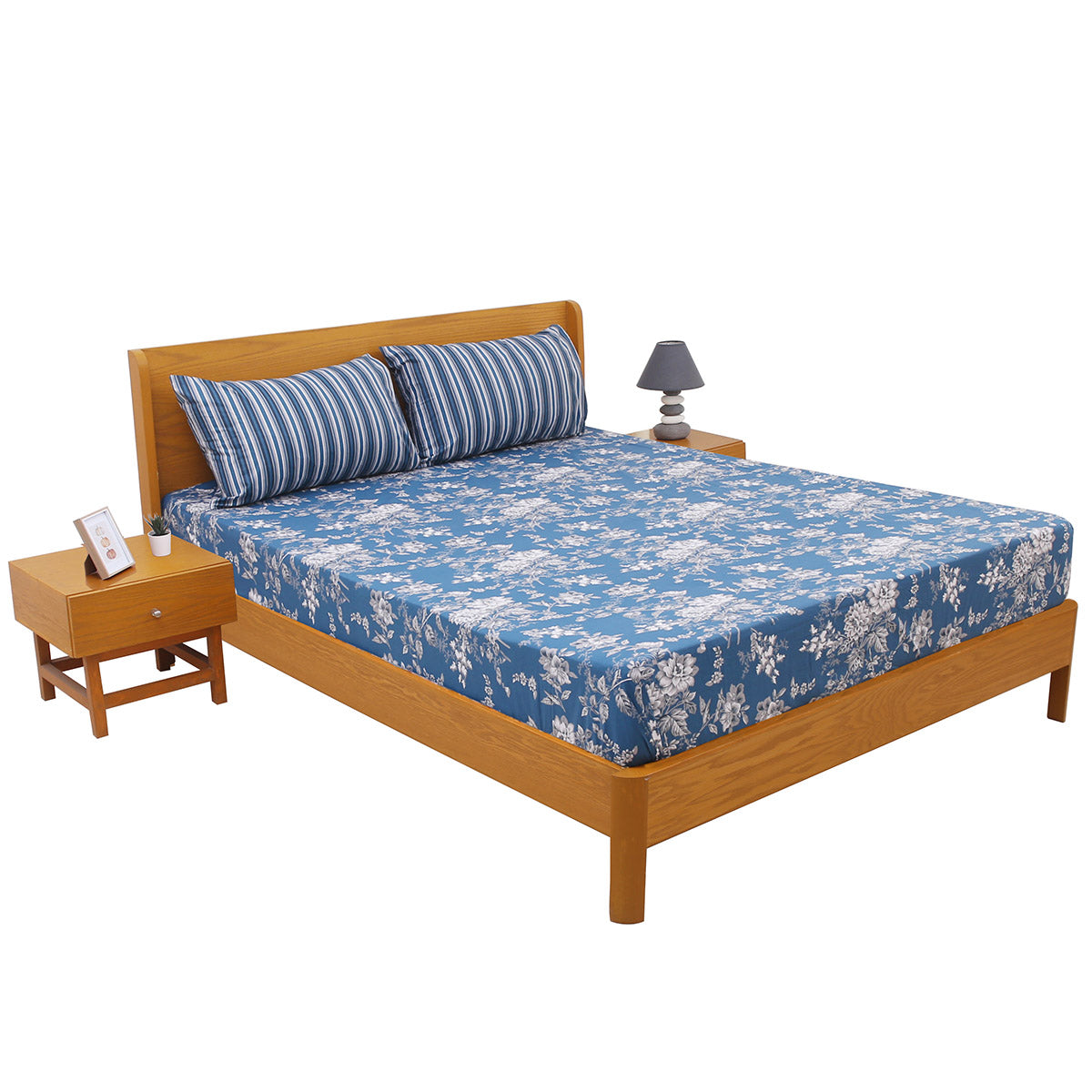 Blue Tulip Double Bed Sheet Set | Elegant Floral Printed Bedding | 94x98 Inches - Habitt