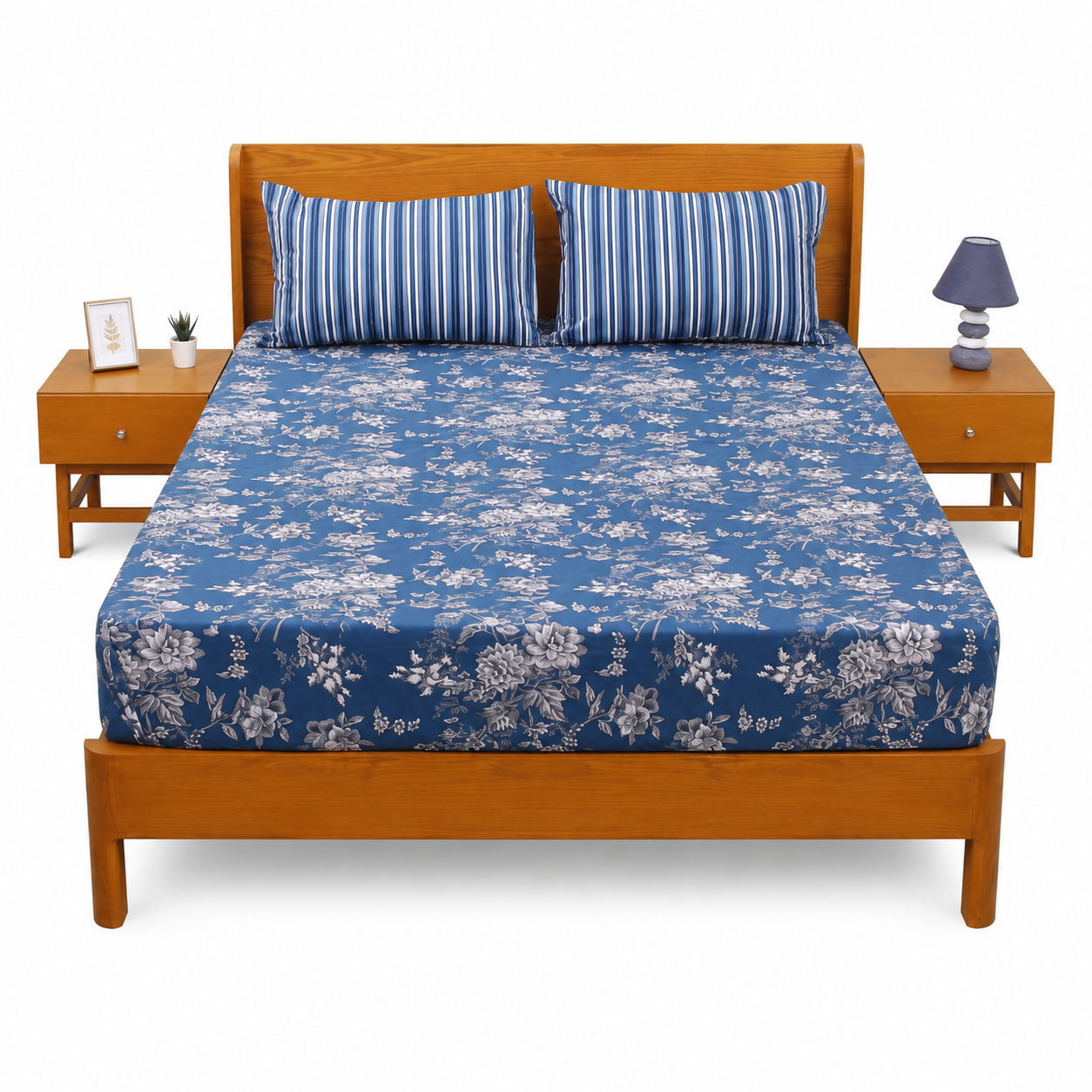 Blue Tulip Double Bed Sheet Set | Elegant Floral Printed Bedding | 94x98 Inches - Habitt