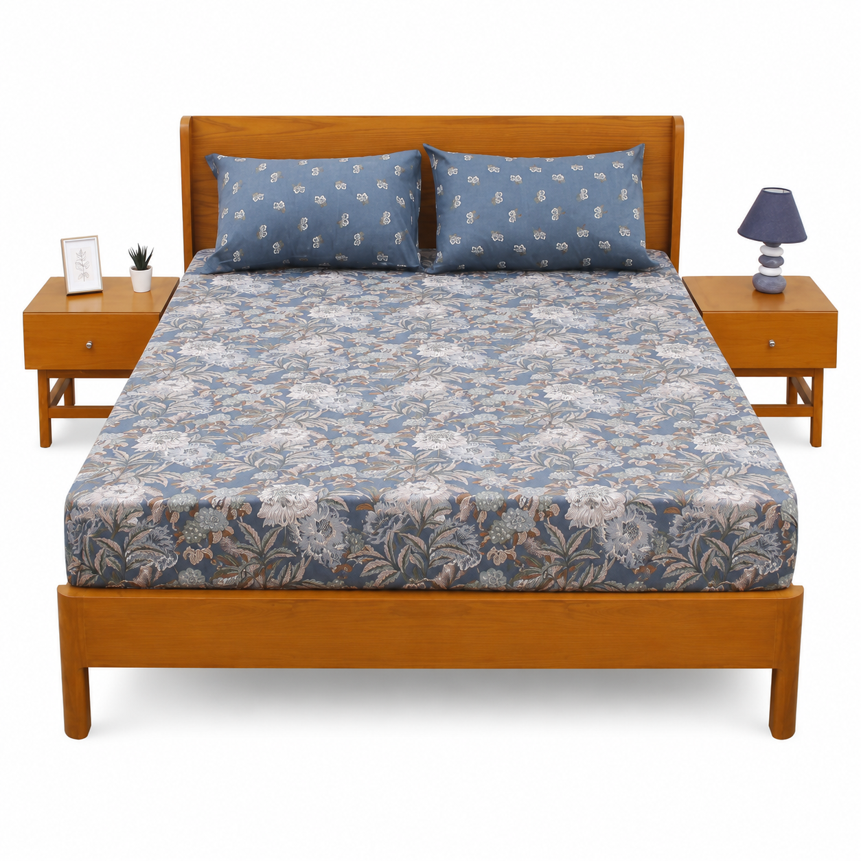Dusty Blue Double Bed Sheet Set | Elegant Floral Printed Bedding | 94x98 Inches - Habitt