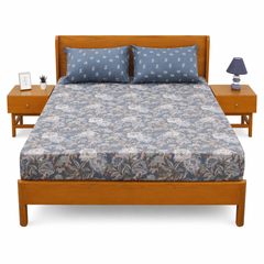 Dusty Blue Double Bed Sheet Set | Elegant Floral Printed Bedding | 94x98 Inches - Habitt