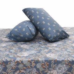 Dusty Blue Double Bed Sheet Set | Elegant Floral Printed Bedding | 94x98 Inches - Habitt