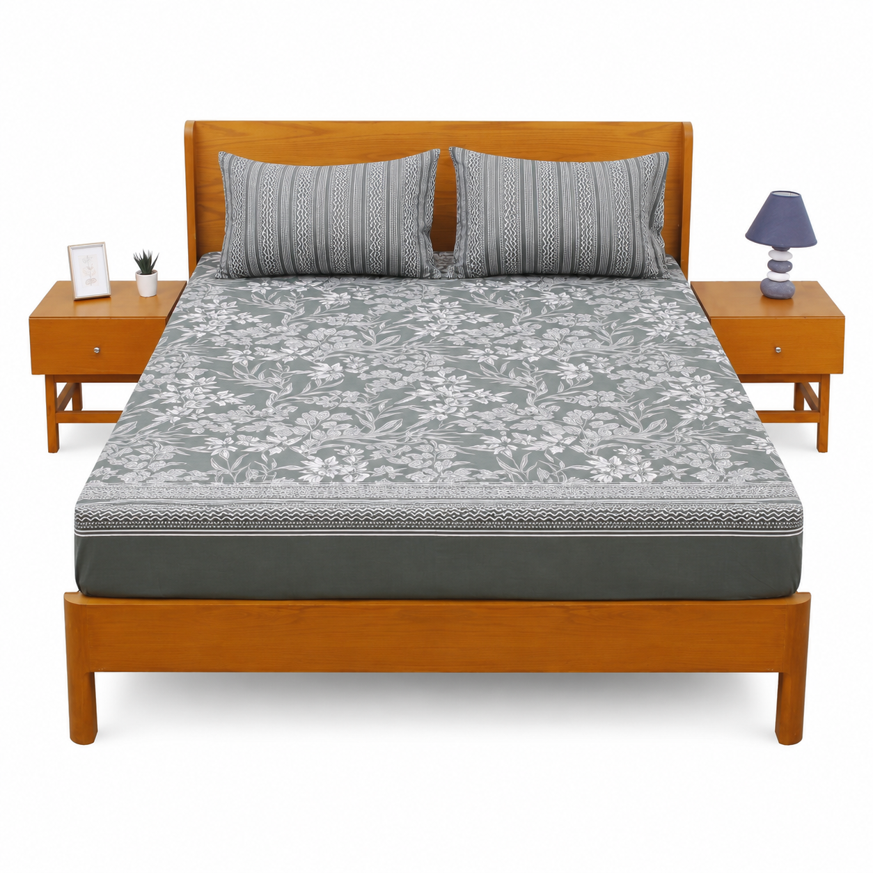 Gray Flora Double Bed Sheet Set | Elegant Floral Printed Bedding | 94x98 Inches - Habitt