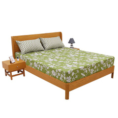 Mustard Green Double Bed Sheet Set | Elegant Floral Printed Bedding | 94x98 Inches