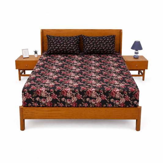 Pink Bloom Double Bed Sheet Set | Elegant Rose Floral Printed Bedding | 94x98 Inches - Habitt