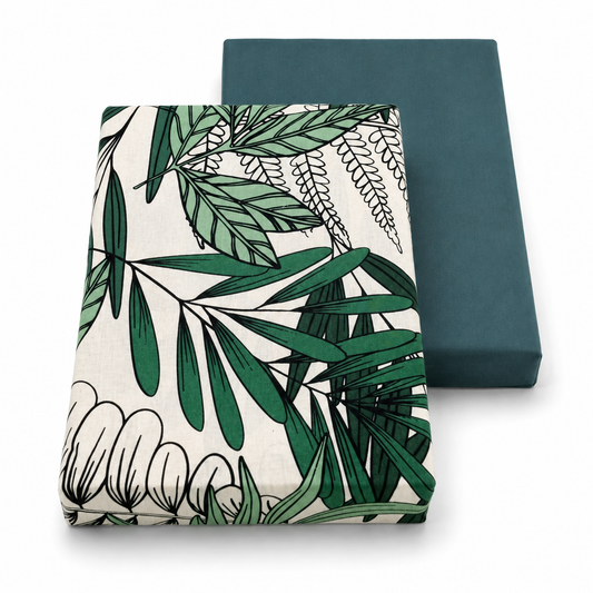Green Double Bedding  Cotton/Satin – Botanical Leaf Printed Double Bed Bedding Set