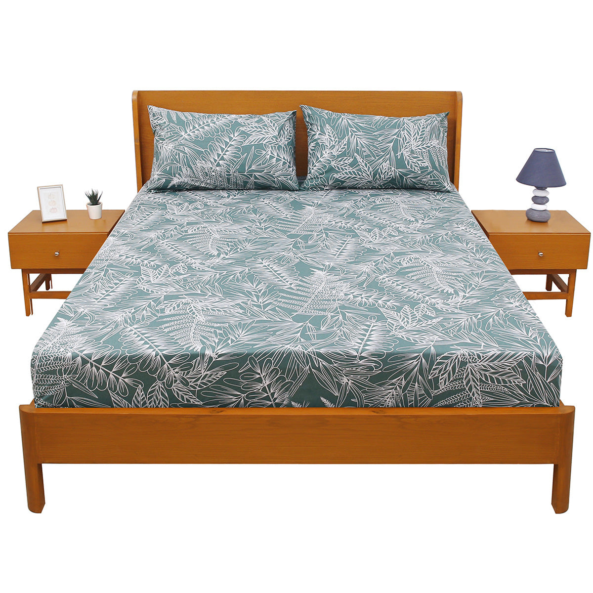 Emerald Leaf Double Bed Sheet (96x102) with 2 Pillow Covers – 100% Cotton Botanical Line Art Print - Habitt