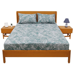 Emerald Leaf Double Bed Sheet (96x102) with 2 Pillow Covers – 100% Cotton Botanical Line Art Print - Habitt