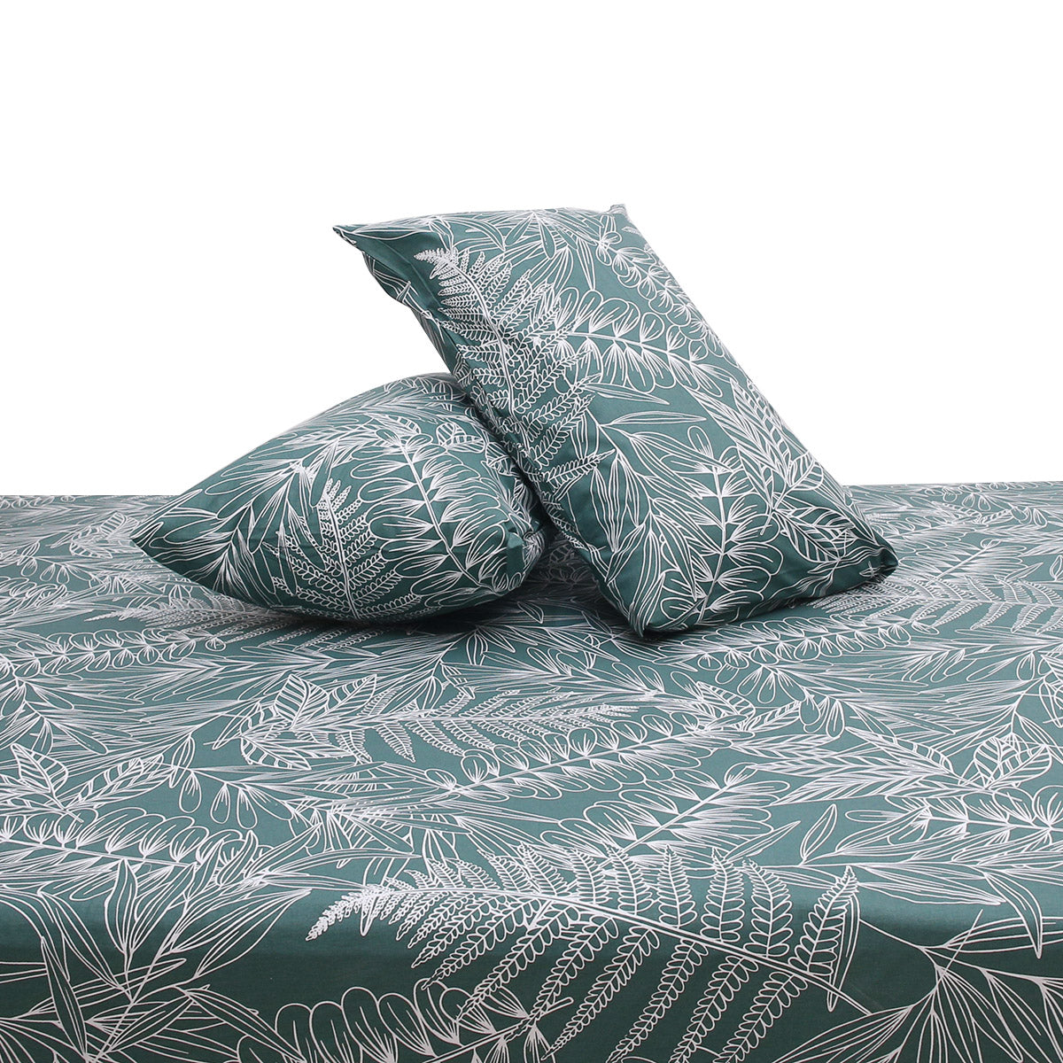 Emerald Leaf Double Bed Sheet (96x102) with 2 Pillow Covers – 100% Cotton Botanical Line Art Print - Habitt