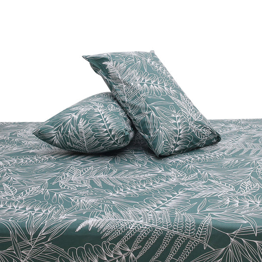 Emerald Leaf Double Bed Sheet (96x102) with 2 Pillow Covers – 100% Cotton Botanical Line Art Print - Habitt