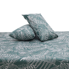 Emerald Leaf Double Bed Sheet (96x102) with 2 Pillow Covers – 100% Cotton Botanical Line Art Print - Habitt
