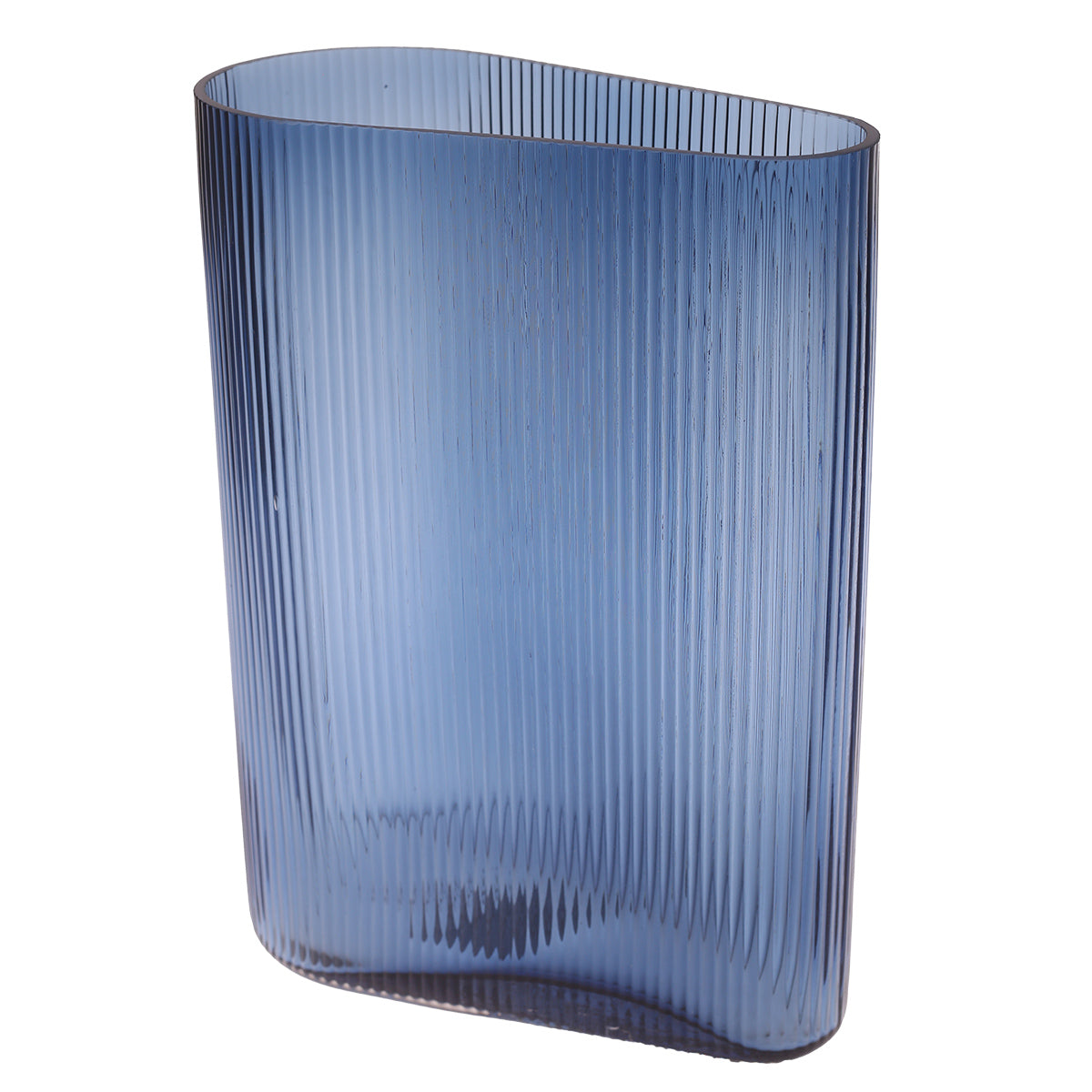 Large Blue Glass Vase – Ribbed Decorative Flower Vase for Home & Office Décor (10 x 5.25 x 14 Inch) - Habitt