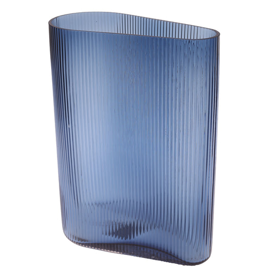 Large Blue Glass Vase – Ribbed Decorative Flower Vase for Home & Office Décor (10 x 5.25 x 14 Inch) - Habitt