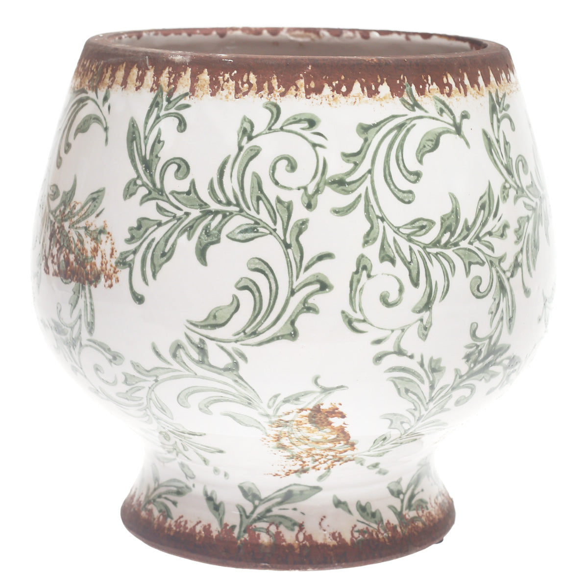 White & Green Printed Ceramic Planter – Decorative Floral Design Pot for Indoor & Outdoor Plants (9.34 x 9.34 x 8 Inch) - Habitt