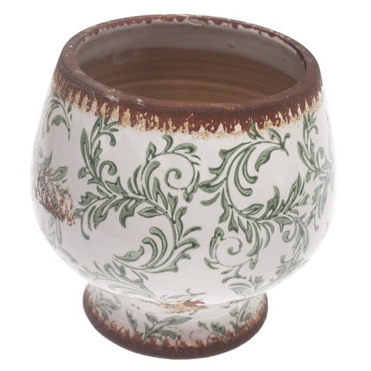 White & Green Printed Ceramic Planter – Decorative Floral Design Pot for Indoor & Outdoor Plants (9.34 x 9.34 x 8 Inch) - Habitt