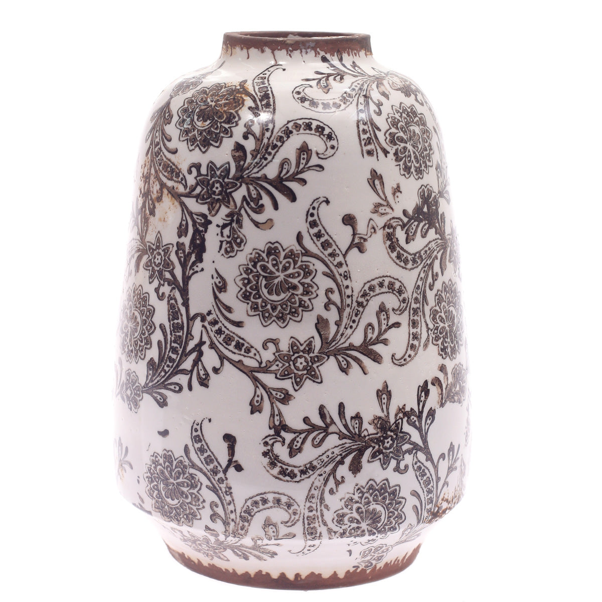 Ceramic Vase Printed White & Brown 6.5 X 6.5 X 9.5 Inch TYX033 - Habitt
