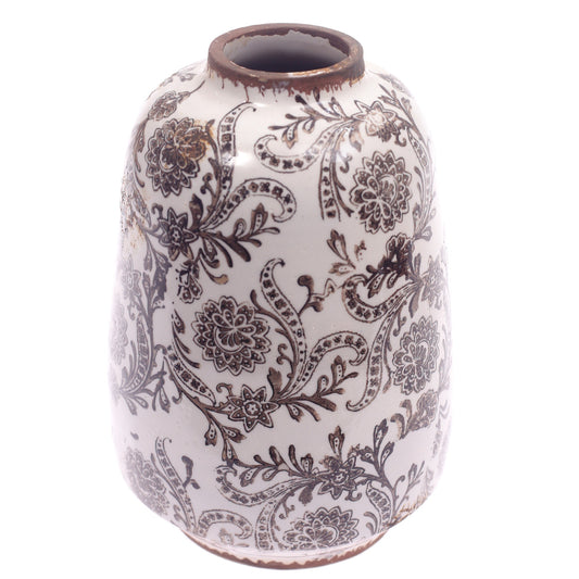 Ceramic Vase Printed White & Brown 6.5 X 6.5 X 9.5 Inch TYX033 - Habitt